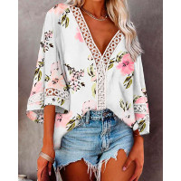 Floral Print Contrast Lace Bell Sleeve Top - white