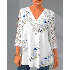 Floral Print Contrast Lace Button Front Top - white