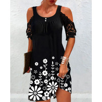 Floral Print Contrast Lace Cold Shoulder Casual Dress - black