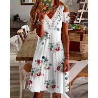 Floral Print Contrast Lace Cold Shoulder Casual Dress - style1