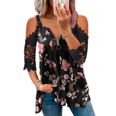 Floral Print Contrast Lace Cold Shoulder Top - black