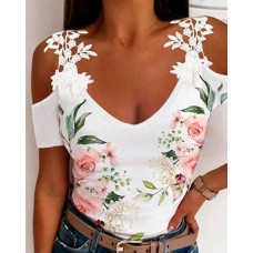 Floral Print Contrast Lace Cold Shoulder Top - white