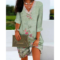 Floral Print Contrast Lace Long Sleeve Casual Dress - green