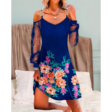 Floral Print Contrast Mesh Cold Shoulder Casual Dress - dark blue