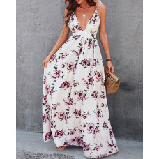 Floral Print Crisscross Backless Maxi Dress - white