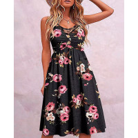 Floral Print Crisscross Buttoned Casual Dress - black