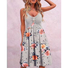 Floral Print Crisscross Ruched V-Neck Casual Dress - gray