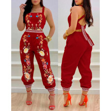 Floral Print Crisscross Tied Detail Backless Jumpsuit - red