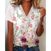 Floral Print Crochet Lace V-Neck T-shirt - white