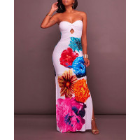 Floral Print Cutout Bandeau Slit Skims Dress - white