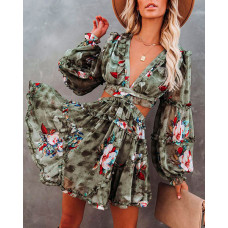 Floral Print Cutout Frill Hem Dress - green