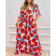 Floral Print Cutout Half Sleeve Maxi Dress - red