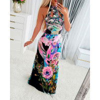 Floral Print Cutout Halter Sleeveless Maxi Dress - black