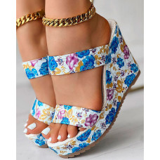 Floral Print Double Strap Platform Wedge Slippers Outdoor Sandals - blue