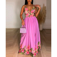 Floral Print Double Strap Slit Cutout Maxi Dress - hot pink