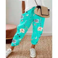 Floral Print Drawstring Cuffed Pants - green