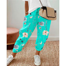 Floral Print Drawstring Cuffed Pants - green