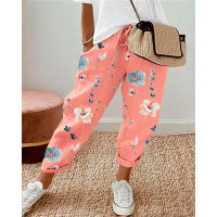 Floral Print Drawstring Cuffed Pants - pink