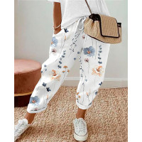 Floral Print Drawstring Cuffed Pants - white