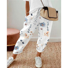 Floral Print Drawstring Cuffed Pants - white