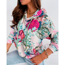 Floral Print Drawstring Hooded Pocket Sweatshirt - hot pink