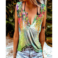 Floral Print Eyelet Decor Casual Tank Top - Multicolor