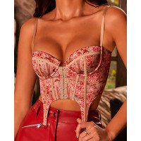 Floral Print Eyelet Lace-up Corset Top - pink