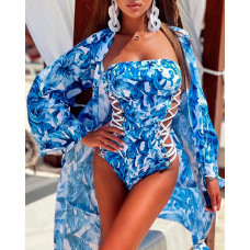 Floral Print Eyelet Lace Up One Piece Swimsuit With Cover Up - blue