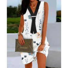 Floral Print Fake Tie Patch Sleeveless Casual Dress - white