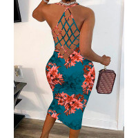 Floral Print Fishnet Backless Bodycon Dress - Multicolor