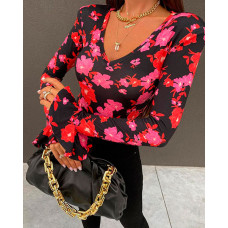 Floral Print Flared Sleeves Skinny Top - Multicolor