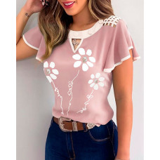 Floral Print Flutter Sleeve Cutout Front Casual Top - pink