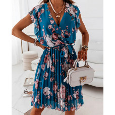 Floral Print Flutter Sleeve Pleated Wrap Dress - blue