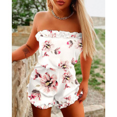 Floral Print Frill Hem Bandeau Romper - white