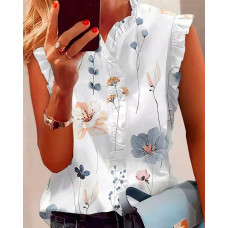 Floral Print Frill Hem Flutter Sleeve Top - white