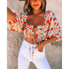 Floral Print Frill Hem Lace-up Crop Top - Multicolor