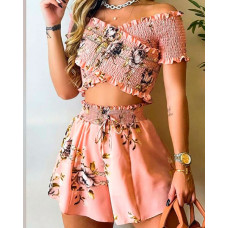 Floral Print Frill Hem Shirred Crop Top & Shorts Set - pink