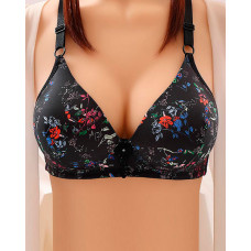 Floral Print Full Coverage Wireless Lifting Bra - black