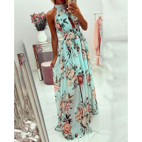 Floral Print Halter Backless Cutout Front Maxi Dress - light green