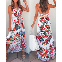 Floral Print Halter Backless Dip Hem Casual Dress - Multicolor