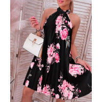 Floral Print Halter Casual Pleated Dress - black