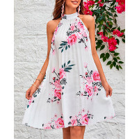 Floral Print Halter Casual Pleated Dress - white