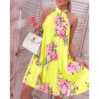 Floral Print Halter Casual Pleated Dress - yellow