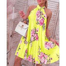 Floral Print Halter Casual Pleated Dress - yellow