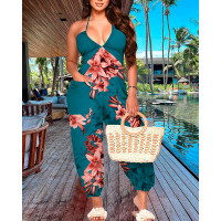 Floral Print Halter Pocket Design Cuffed Jumpsuit - green