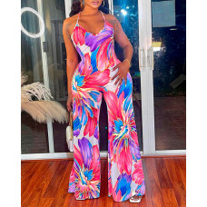 Floral Print Halter Wide Leg Jumpsuit - purple