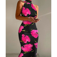 Floral Print High Neck Sleeveless Bodycon Dress - black