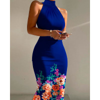 Floral Print High Neck Sleeveless Bodycon Dress - dark blue