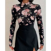 Floral Print High Neck Top & Slit Plain Skirt Set - black