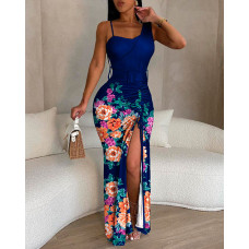 Floral Print High Slit Drawstring Maxi Dress - blue